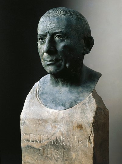 ローマ美術：銀行家Lucius Caecilius Iucundusの胸像（西暦20～69年頃） ブロンズ彫刻。紀元1世紀。ポンペイよりナポリ、ナツィオナル考古学博物館 作： Roman