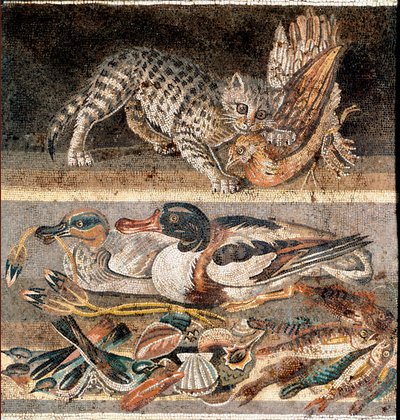 ローマの美術：ウズラを食べる猫と野生のアヒル 紀元前1世紀前半）ローマ、ローマ国立博物館 作： Roman