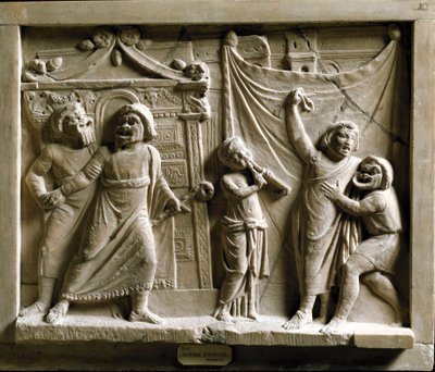 ローマ美術：テレンス（プブリウス・テレンティウス・アファー）（紀元前185～159年）の作品「アンドリア」の喜劇劇場シーン（ポンペイのレリーフ） - Museo Archeologico Nazionale Naples - テレンス（プブリウス・テレンティウス・アファー）（紀元前195/185～159年）のギリシャの喜劇「アンドリア」のシーン。 作： Roman