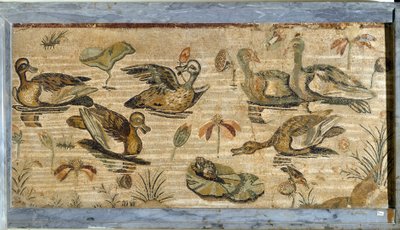 ローマ美術：池の中のアヒル、カエル、睡蓮。ポンペイの動物相の別荘のモザイク。1世紀。寸法132x164cmナポリ国立考古学博物館蔵 作： Roman