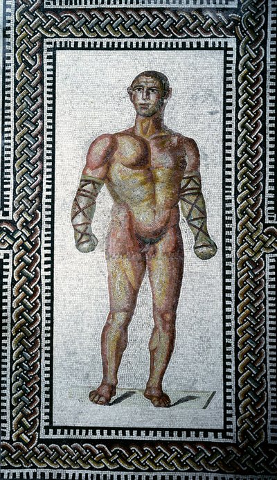 ローマのアートカラカラ浴場の「剣闘士」の舗装モザイク。西暦212年 ローマ、ローマ国立博物館（o delle Terme） - ローマの芸術：剣闘士。カラカラ浴場の床のモザイク。西暦212年。ローマ、ナツィオナーレ・ロマーノ美術館（o delle Terme 作： Roman