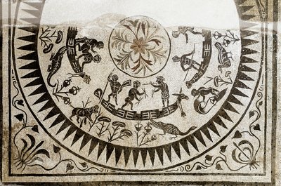 ローマ美術：狩猟と釣りのピグミー。3世紀のモザイク。ローマ国立博物館(o delle Terme) ローマ 作： Roman