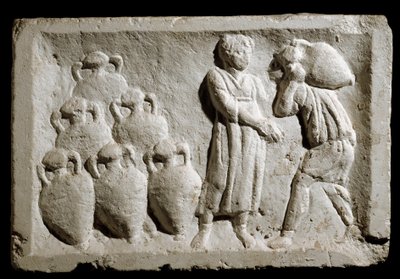ローマ時代のアート。"ワインジョッキの積み込みと収納" レリーフ紀元2世紀。ローマ、ローマ文明博物館 作： Roman