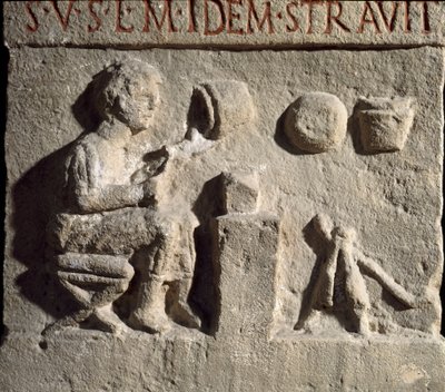 ローマ美術：陶器の栓を表現した低いレリーフ。紀元1世紀ローマ市民博物館 作： Roman