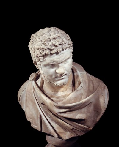 ローマ美術：カラカラ（188-217）の大理石製胸像（西暦211年から217年までの皇帝）。日 0,52 m Paris, Musee du Louvre 作： Roman