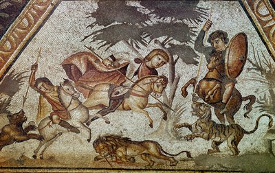 ローマ美術：コンスタンティヌスの別荘「ダフネ」の中庭にあった四季のモザイク画。ライオンと虎の狩りの場面を描いたディテール。Antioche-sur-l