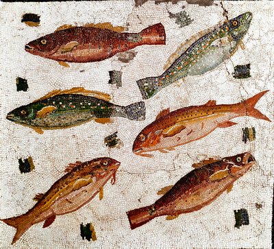 ローマ美術：魚を表すモザイク。紀元前1世紀。ローマ、ローマ国立博物館-ローマ美術。魚類を描いたモザイク。紀元前1世紀。イタリア、ローマ、ナツィオナーレ・ロマーノ美術館 作： Roman