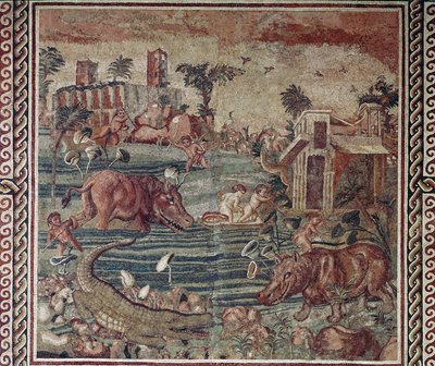 ローマ美術：アヴェンティーノの丘の別荘からのナイル風景のモザイク、ローマ1-2世紀（ローマ美術：アヴェンティーノの丘の別荘からのナイル風景のモザイク、ローマ1-2世紀 ローマ・マッシモ宮のナツィオナーレ・ロマーノ美術館、Inv171 作： Roman
