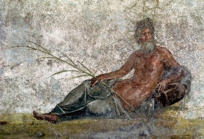 ローマ美術：川の神の表現。ポンペイのヴェスタレスの家に描かれたフレスコ画の詳細。紀元1世紀。パリ、ルーヴル美術館 作： Roman