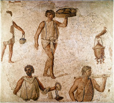 ローマ美術：宴席の召使いたち。チュニジア・カルタゴ出土のモザイク画の断片。紀元180-190年。パリ、ルーブル美術館 作： Roman
