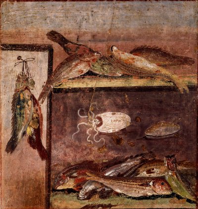 ローマ時代のアート。ポンペイ遺跡のフレスコ画「魚のいる静物」。紀元1世紀。ナポリ、ナチス考古学博物館 作： Roman