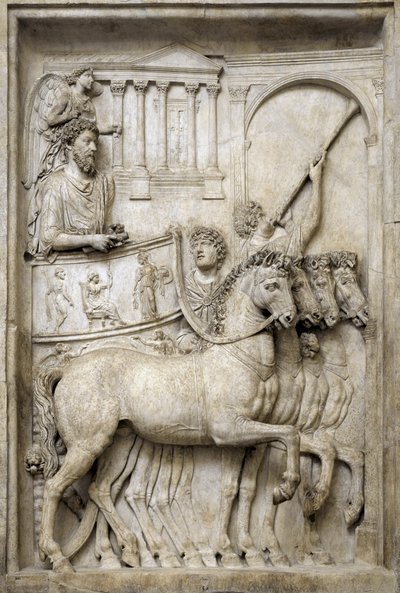 ローマ皇帝マルクス・アウレリウスの凱旋トロッコに乗る姿 2世紀 (大理石製レリーフ) 作： Roman