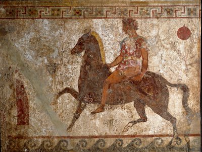 サムナイトの騎兵。紀元前4世紀、イタリアのパエストゥム遺跡から出土した墓画。フレスコ画。ナポリ国立考古学博物館。 作： Roman