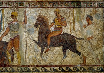 サムナイトの戦士と騎兵。紀元前4世紀、イタリアのパエストゥム遺跡から出土した墓画。フレスコ画。寸法：112x199cm。Inv.9363。ナポリ国立考古学博物館。- サムナイトの戦士と騎兵。墓画。4 作： Roman