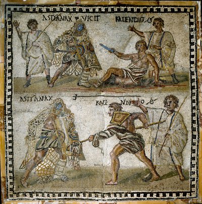 剣闘士の戦いの場面（引退者と引退者の間で） 4世紀（モザイク画 作： Roman
