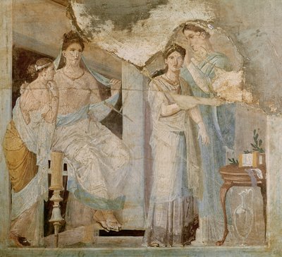 女の子の髪を梳く奴隷、ヘルクラネウム、第3のスタイル（フレスコ画） 作： Roman