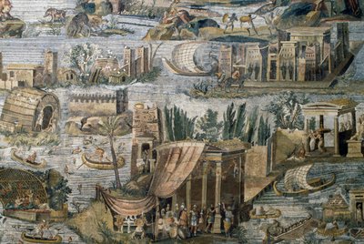 ナイル川沿いの寺院、エジプトのナイル川氾濫のニロティック・モザイクの詳細、イタリア、ラツィオ州パレストリーナのフォルトゥナ・プリミゲニアの聖域より、ローマ文明の時代 作： Roman