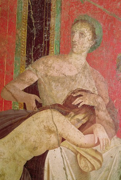 イニシエートを慰める女性、南壁、オイカス5、紀元前60-50紀元前57190と161043のフレスコ画の詳細 作： Roman