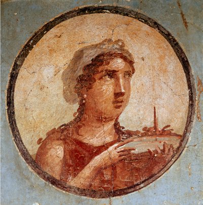 食べ物の入った皿を持つ若い女の子（フレスコ画 作： Roman