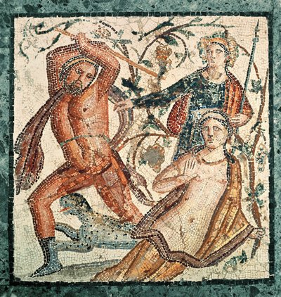 ヘルクラネウムのモザイクであるニンフアンブロシアを攻撃するリュウキュウ（50-79 AD） 作： Roman Imperial Period