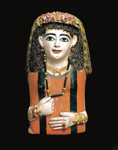 ミイラマスク、西暦60〜70年（塗装済みのカルトナージュ、プラスター、植物繊維） 作： Roman Period Egyptian