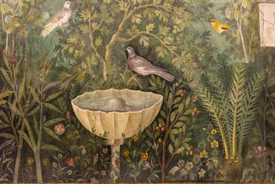 庭の詳細。 ゴールデン ブレスレットの家のフレスコ画 カサ デル ブラッチャーレ ドーロ、1 H. 1st 作： Roman Pompeian wall painting.