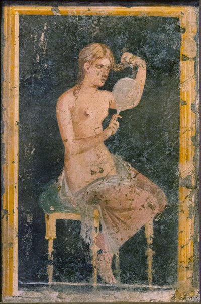 鏡を持つ女、1stH. 1世紀。 広告。 作： Roman Pompeian wall painting.