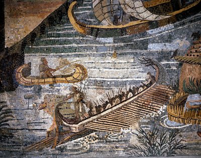 ローマ時代のビレメ（ガレーレの一種で2列になっている） パレストリーナのモザイクの詳細。 作： Roman Roman