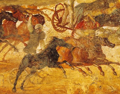 イタリア、ポンペイのフレスコ画から、クリガのレースを描いたフレスコ画のディテール 作： Roman Roman