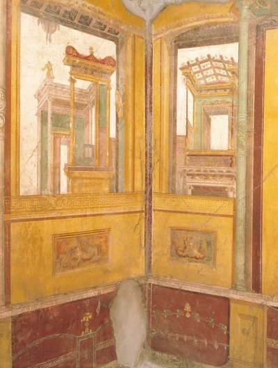 ヴェッティの家、ポンペイ、カンパニア、ローマ文明、フェイク建築のフレスコ画の壁の細部 作： Roman Roman