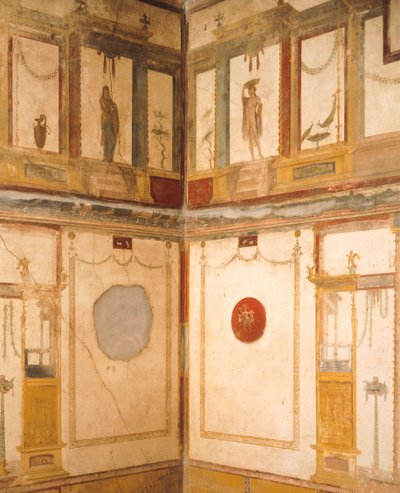ローマ文明、カンパーニャ州、ポンペイ、ヴェッティーイの家、部屋を飾るフレスコ画の細部 作： Roman Roman