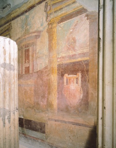 迷宮の家、トリクリニウムの広間のフレスコ画の詳細、ポンペイ、カンパニア、ローマ文明 作： Roman Roman