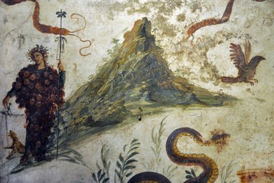 ヴェスヴェ山の前に立つブドウの房のディオニュソス-ポンペイ出土のフレスコ画、カーザ・ディエル・センテナリオ（センテナリオの家）-ナポリ、国立考古学博物館 作： Roman Roman