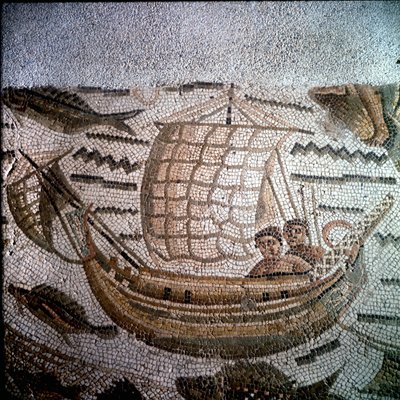アルジェリア、ヒッポのモザイクの釣りのシーン。 作： Roman Roman