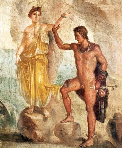 ペルセウスとアンドロメダを描いたフレスコ画、石膏に描かれている 作： Roman Roman