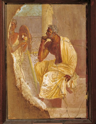 イタリア、ポンペイの俳優と悲劇的なマスクを描いたフレスコ画 作： Roman Roman