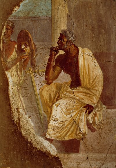 役者と悲劇の仮面を描いたフレスコ画、ポンペイ出土（ユネスコ世界遺産登録 作： Roman Roman