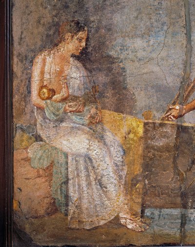 イタリアのポンペイのフレスコ画で、赤ちゃんに授乳する母親を描いています。 作： Roman Roman
