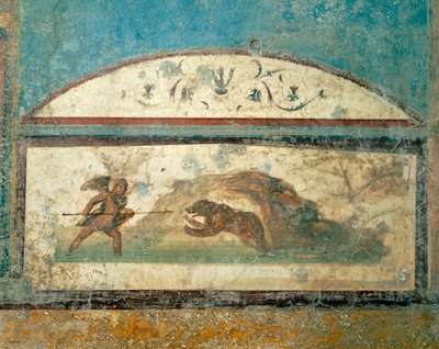 狩猟シーンを描いたフレスコ画（ローマ文明、カンパニア、ポンペイ、古代狩猟の家より 作： Roman Roman