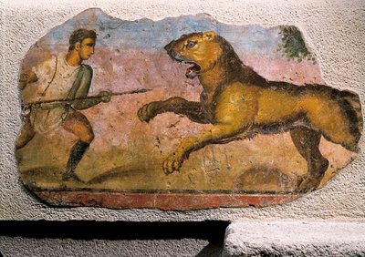ライオンと戦う剣闘士（フレスコ画 作： Roman Roman