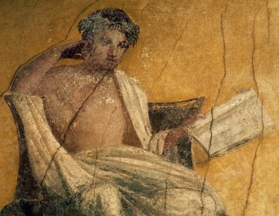 ギリシャの劇作家メナンダー、フレスコ画の詳細、メナンダーの家のペリスタイル、ポンペイ、カンパニア、イタリア、ローマ文明 作： Roman Roman