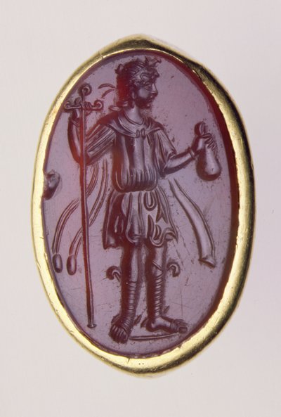 若い男性の姿を描いた金製リングに嵌められたインタリオ 紀元前2世紀（金・サルド 作： Roman Roman