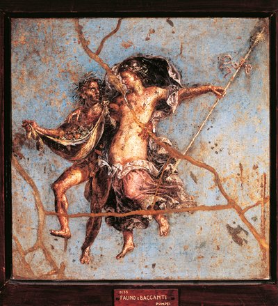 イタリア、カンパーニャ、ポンペイ、ディオスクリの家のファウンとマエナド、フレスコ画 作： Roman Roman