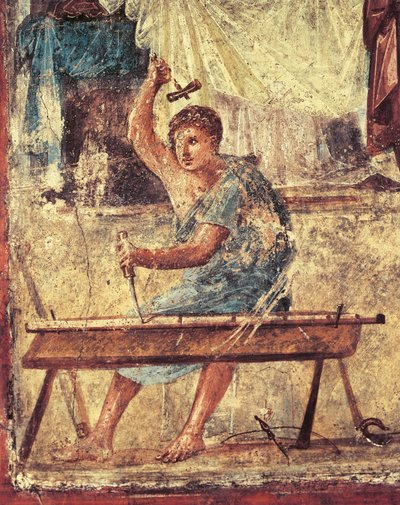 イタリア、カンパーニャ州、ナポリ、ポンペイ、ヴェッティの家、大工を描いたフレスコ画 作： Roman Roman