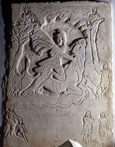ミトラの生け贄を表す低浮彫り（雄牛を屠る青年）。ローマ、カピトリーニ美術館。 作： Roman Roman