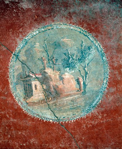 ローマ文明、カンパニア、ポンペイ、メナンダーの家のフレスコ画、黄色の背景に風景を示すメダリオン 作： Roman Roman