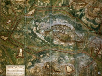 紀元前52年9月、ジュール・セザールがヴェルセケトリクスを破ってアレシアを包囲した際の戦いを再現したモデル。縮尺は1/1000。ローマ、ローマ市民博物館 作： Roman Roman