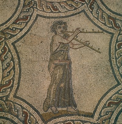 ディオニュソスの家の女性フルート奏者を描いたモザイク、ヴォルビリス、モロッコ、ローマ文明、 作： Roman Roman