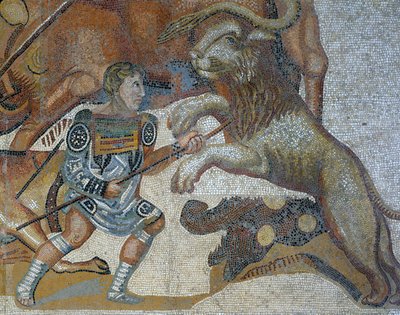 野生の獣狩りのシーン、剣闘士が野生動物を殺す様子のモザイク画 作： Roman Roman