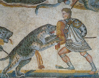 野生の獣狩りのシーン、剣闘士が野生動物を殺す様子のモザイク画 作： Roman Roman